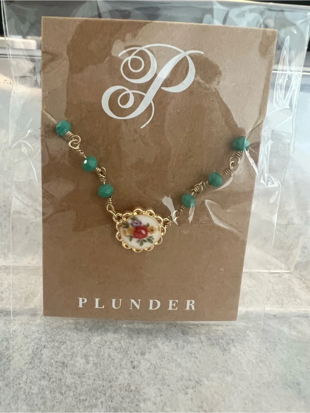 Gold Floral Necklace and Earring Set with Teal Beads and Pink Flower NWT